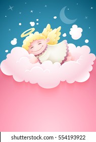 Pretty angel baby with wings sleeping at pink fluffy cloud under nighttime sky Moon and stars cartoon vector illustration copyspace. Place for text