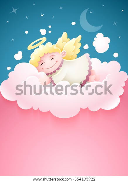 夜空の月の下のピンクのふわふわした雲の中で翼を持つかわいい天使の赤ちゃんと星の漫画のベクターイラストコピースペース テキストの配置 のベクター画像素材 ロイヤリティフリー