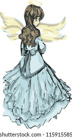 A pretty angel dressed in blue looking over her shoulder.