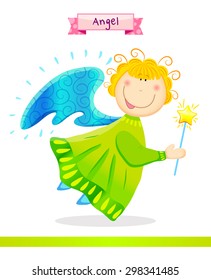 Pretty angel, fairy with green dress with blue wings. Vector illustration. Postcard