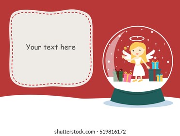 Pretty angel and gift boxes in crystal ball with space for add text. Christmas card.