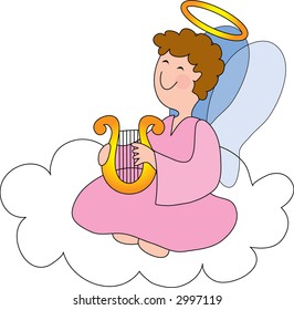 Pretty angel on a cloud with a halo and harp