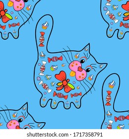 Patrón de animales bonitos. Ilustración en colores azules. Dibujo de moda de estilo moderno para ropa. Vector. Colorida moda. Sin inconvenientes. Dibujo para niños, ropa, pantalones y telas.