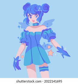 Pretty Anime Cartoon Fairy With Hair Tie And  Bright Skin Wearing Cute Blue Dress. Hand Drawn Vector Illustration Isolated On Blue 