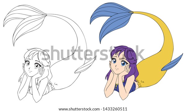 Pretty Anime Lying Mermaid Purple Hair Stock Image Download Now