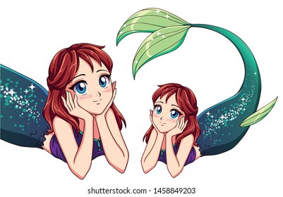 Pretty anime lying mermaid. Red hair and shiny green fish tail. Cute big blue eyes. Hand drawn vector illustration for t-shirt design, print template. 