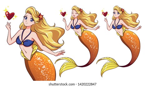 Pretty anime mermaid holding magical heart. Blonde hair and shiny golden fish tail. Cute big blue eyes. Closed eyes version. Hand drawn vector for t-shirt design, print template. 