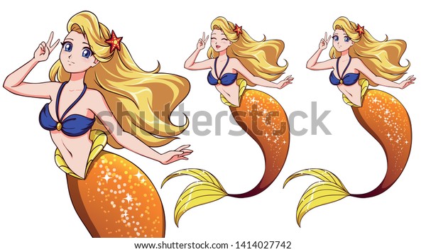 Pretty Anime Mermaid Using V Sign Stock Vector Royalty