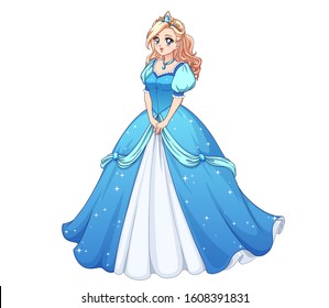 Pretty anime princess standing and wearing blue ball dress. Blonde curly hair, big blue eyes. Hand drawn vector illustration isolated on white background.