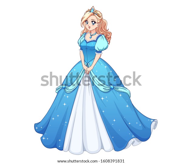 立ち 青いボールドレスを着たきれいなアニメのプリンセス 金髪の巻き毛 大きな青い目 白い背景 に手描きのベクターイラスト のベクター画像素材 ロイヤリティフリー