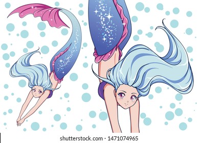 Pretty anime swimming mermaid. White hair and shiny blue fish tail. Cute big purple eyes. Hand drawn vector illustration for t-shirt design, print template. 