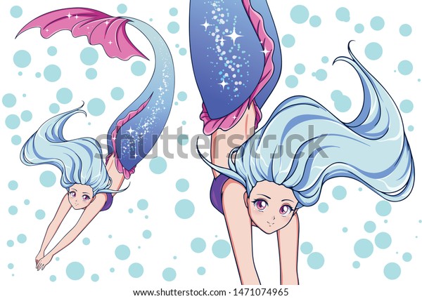 pretty anime swimming mermaid white hair stockvektorgrafik