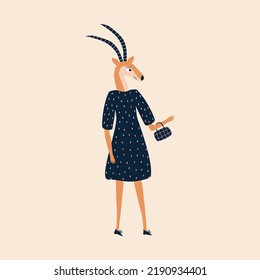 Pretty Antelope Girl In A Blue Dress With A Handbag Hand Drawn Vector Illustration. Funny Animal Character In Flat Style For Kids Alphabet. The Letter 