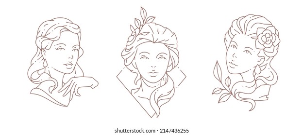 Pretty antique lady bust monochrome lineart logo set vector illustration. Medieval elegant woman monument with pretty hairstyle and frame minimalist emblem for spa beauty salon isolated on white