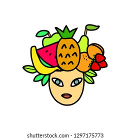 Pretty asian cartoon girl with fresh fruits hair, colorful rough thick contour drawing, vector illustration