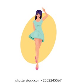 Pretty asian girl doll in a blue dress walking, confidently showing a peace sign with her hand