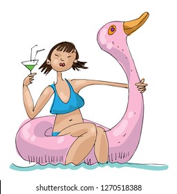 A pretty asian girl is floating on an inflatable duck toy and drinks a cocktail. Cartoon. Caricature.