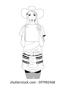 A pretty asian girl holds a tablet in front. Cartoon. Clip art.
