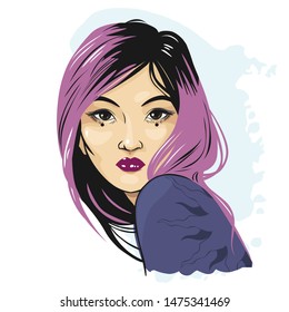 Pretty asian girl with long purple hair. Vector hand drawn illustration