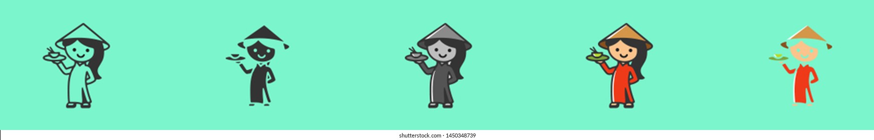 Pretty asian litle girl holding pho rice bowl. This can also used for UI, UX, logo restaurant, cafe, bar. Six icons - linear, solid, black and white, color line, multicolored. Flat vector illustration