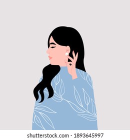 Pretty Asian woman side profile. International women's day card design. Flat vector character.