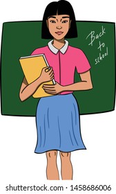 Pretty asian woman standing in front of the blackboard and holding a book in her hands hand drawn vector illustration on a white background