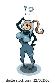 Pretty Attractive Looking Girl in a Space Suit Wondering, what to do next.
