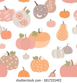 Pretty autumn pumpkins decorated with different designs and pastel colors. Seamless vector pattern for Halloween and Thanksgiving, fabric, textiles, giftware.	