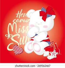  Pretty Baby Bear to the beach.Vector artwork for baby girl tees