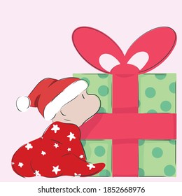 Pretty baby dressed in star full-length pajamas, bodysuit, and christmas hat looking at polka dot christmas present.
