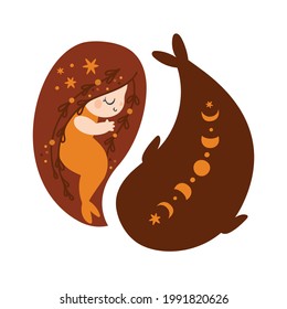 Pretty baby mermaid with long hair and fish tail. Moon phase whale. Yin and yang pose illustration for kids. Harmony and balance print for children. Marine fauna, undersea world. Fairytale heroes