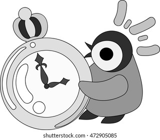 A pretty baby penguin and a clock