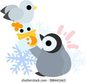 A pretty baby penguin and a gull and a doll of snowman
