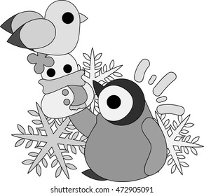 A pretty baby penguin and a gull and a doll of snowman