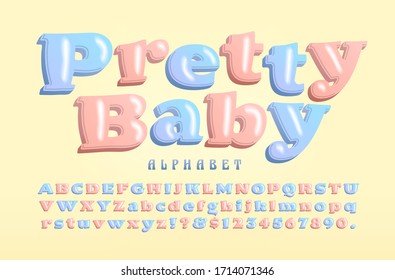 Pretty Baby; a plump and rounded serif alphabet with soft highlights & 3d depth. This font is designed with newborn, infant, & toddler products in mind. Also children's birthday cards, gift wrap, etc.