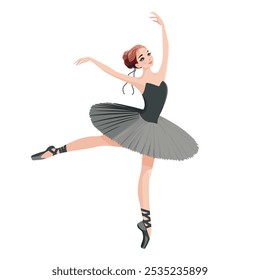 Pretty ballerina in black dress dancing on white background. Vector illustration on white background