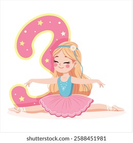 Pretty ballerina girl in pink and blue dress doing the splits with number 3 on white background. Ballerina with number 3. Vector illustration in flat cartoon style