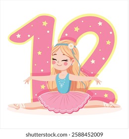 Pretty ballerina girl in pink and blue dress doing the splits with number 12 on white background. Ballerina with number 12. Vector illustration in flat cartoon style