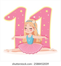 Pretty ballerina girl in pink and blue dress doing the splits with number 11 on white background. Ballerina with number 11. Vector illustration in flat cartoon style