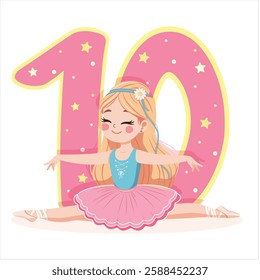 Pretty ballerina girl in pink and blue dress doing the splits with number 10 on white background. Ballerina with number 10. Vector illustration in flat cartoon style