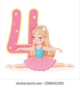 Pretty ballerina girl in pink and blue dress doing the splits with number 4 on white background. Ballerina with number 4. Vector illustration in flat cartoon style