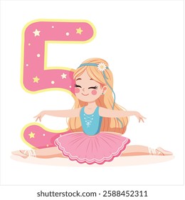 Pretty ballerina girl in pink and blue dress doing the splits with number 5 on white background. Ballerina with number 5. Vector illustration in flat cartoon style