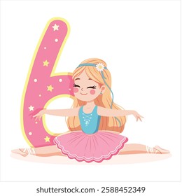 Pretty ballerina girl in pink and blue dress doing the splits with number 6 on white background. Ballerina with number 6. Vector illustration in flat cartoon style