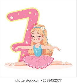 Pretty ballerina girl in pink and blue dress doing the splits with number 7 on white background. Ballerina with number 7. Vector illustration in flat cartoon style