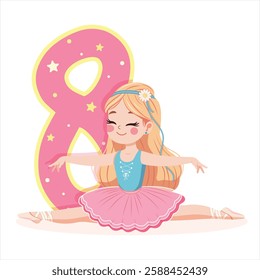 Pretty ballerina girl in pink and blue dress doing the splits with number 8 on white background. Ballerina with number 8. Vector illustration in flat cartoon style