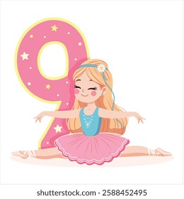 Pretty ballerina girl in pink and blue dress doing the splits with number 9 on white background. Ballerina with number 9. Vector illustration in flat cartoon style