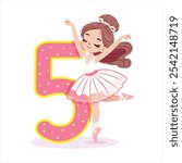 Pretty ballerina girl in white dress dancing with number 1 on white background. Ballerina with number 5. Poster, Banner, Flyer, Greeting Card. Vector illustration in flat cartoon style