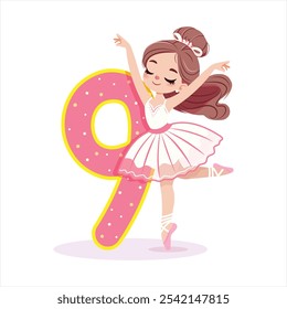 Bella bailarina chica en vestido blanco bailando con el número 1 sobre fondo blanco. Bailarina con número 9. Póster, Anuncio, Flyer, Tarjeta de felicitación. Ilustración vectorial en estilo plano de dibujos animados