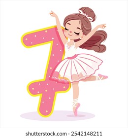 Bella bailarina chica en vestido blanco bailando con el número 1 sobre fondo blanco. Bailarina con número 7. Póster, Anuncio, Flyer, Tarjeta de felicitación. Ilustración vectorial en estilo plano de dibujos animados