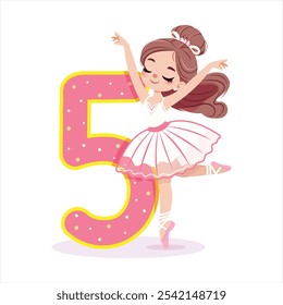 Bella bailarina chica en vestido blanco bailando con el número 1 sobre fondo blanco. Bailarina con número 5. Póster, Anuncio, Flyer, Tarjeta de felicitación. Ilustración vectorial en estilo plano de dibujos animados